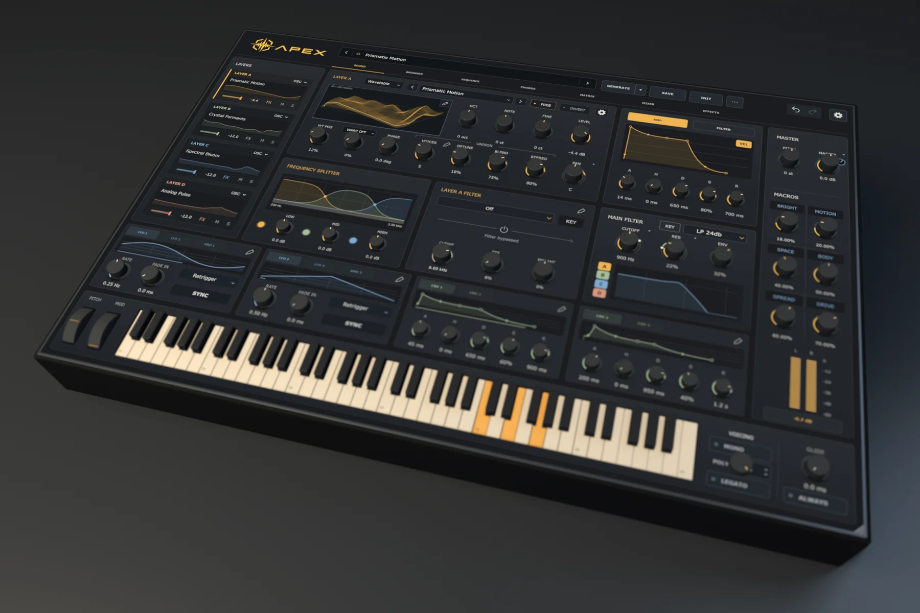 Apex synthesizer rendered as a three-dimensional instrument, with four sound layers, modulation controls and keyboard